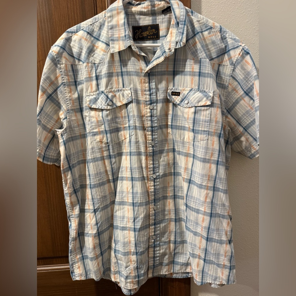 Howler Brothers Light Blue and Orange Plaid pearl snap Shirt